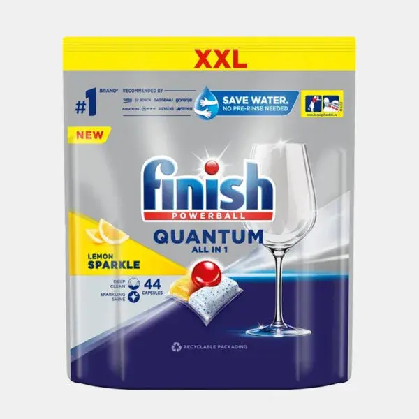 Viên rửa bát Finish Powerball Quantum All in 1 Lemon Sparkle - Túi 44 viên hương chanh